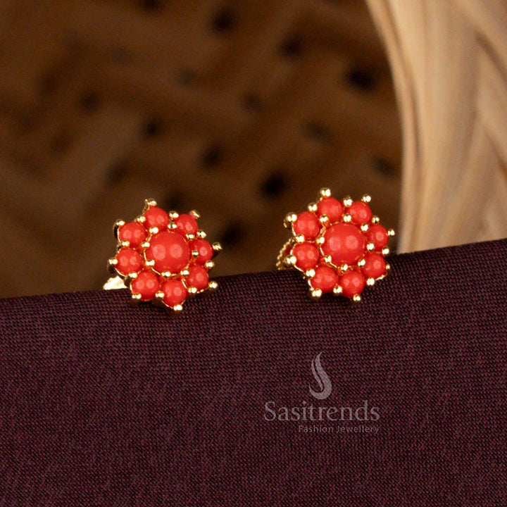 Micro Gold Plated Pavalam Round Floral Stud Earrings with Screw Back by Sasitrends