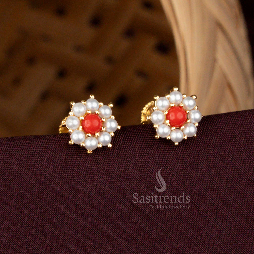 Micro Gold Plated Pearl Pavalam Round Floral Stud Earrings with Screw Back by Sasitrends