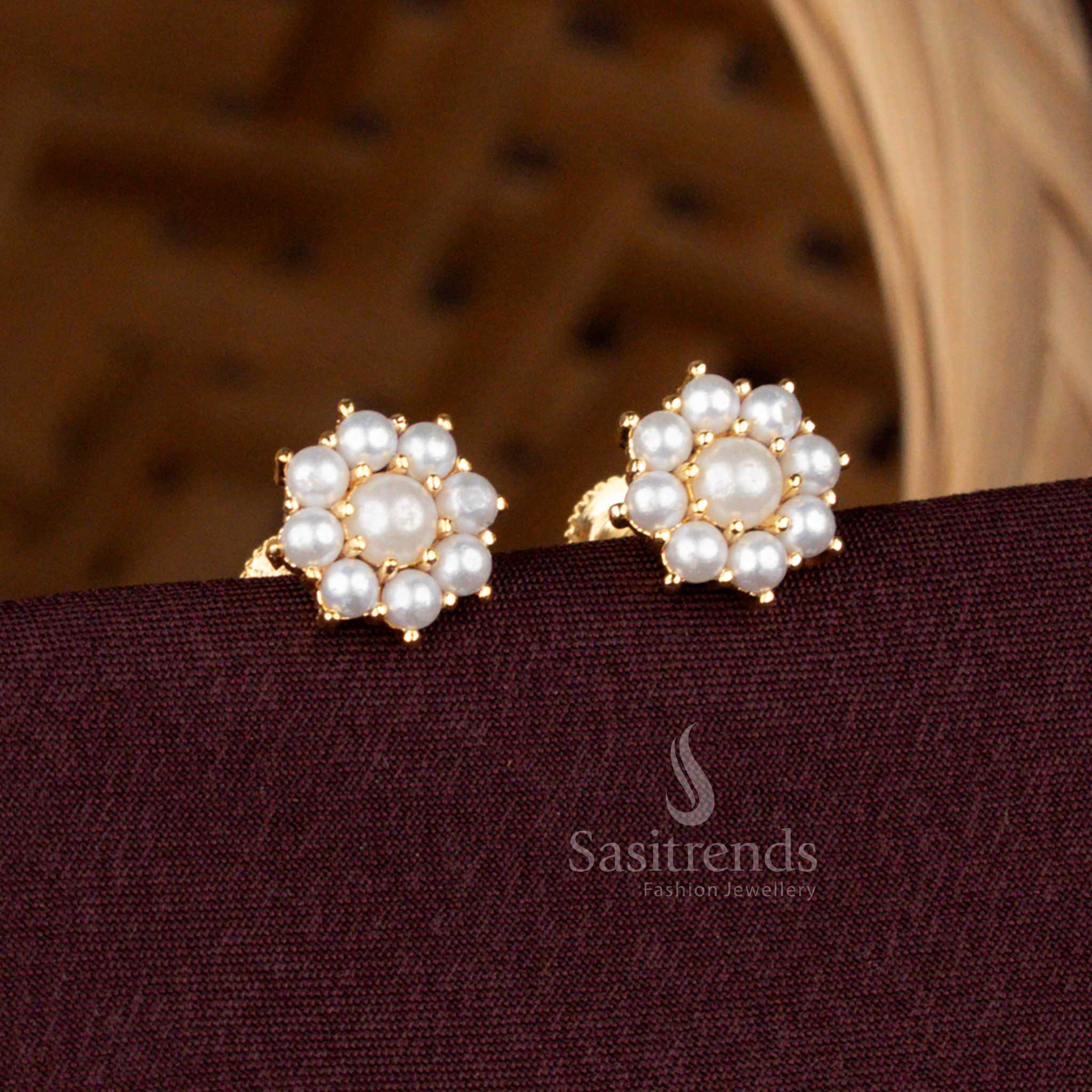 Micro Gold Plated Pearl Round Floral Stud Earrings with Screw Back by Sasitrends
