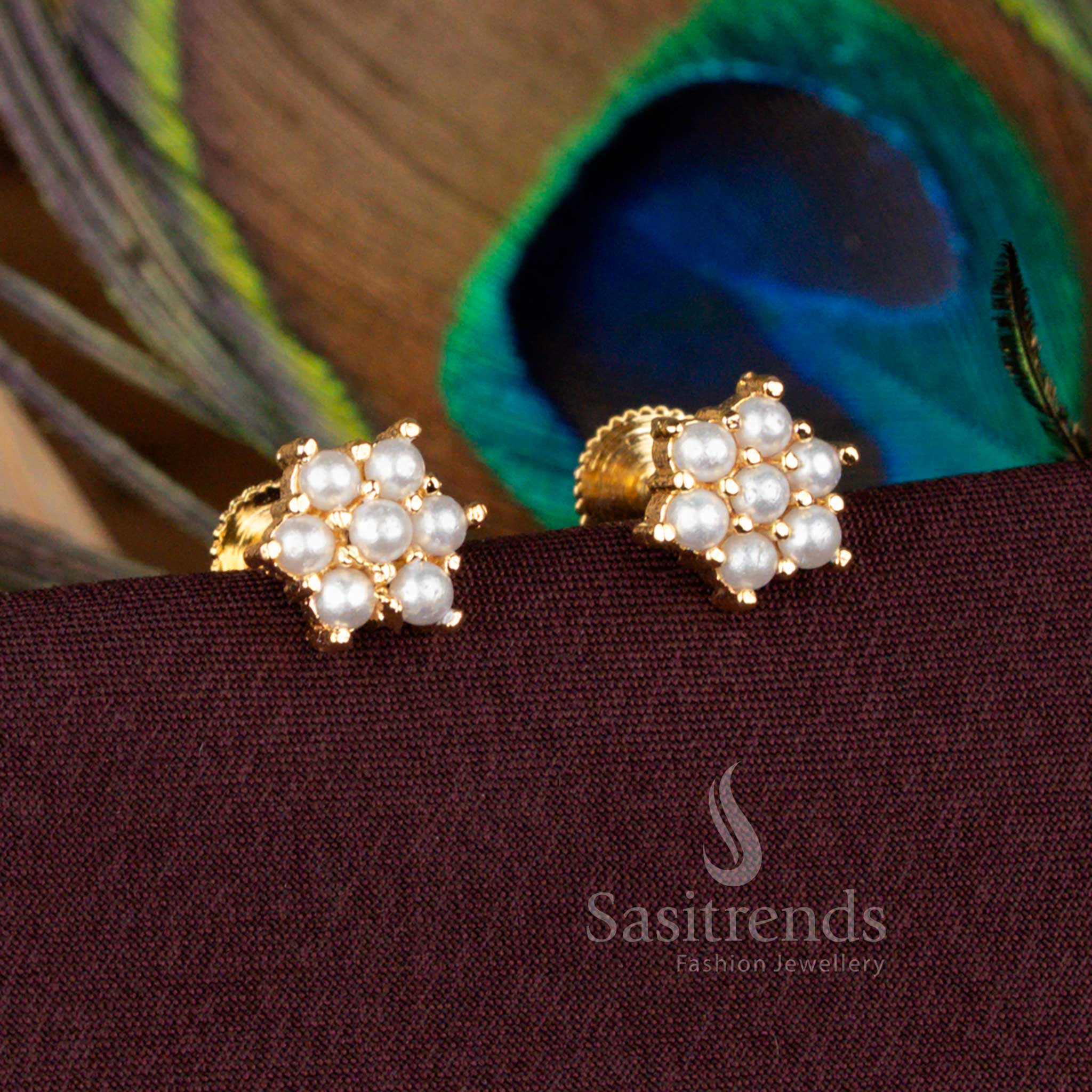 Handmade Micro Gold Plated Pearl Pavalam Floral Screw Type Stud Earrings