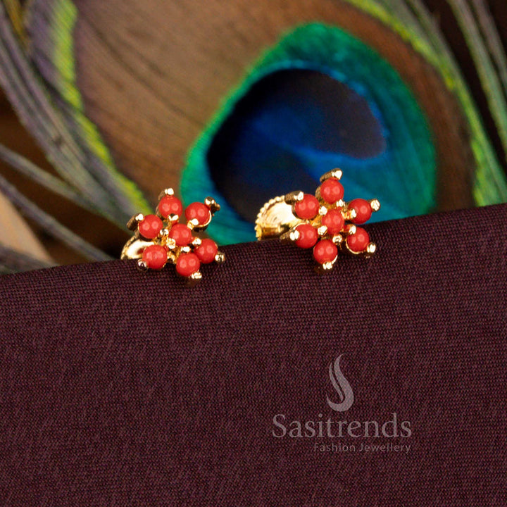 Traditional Wear Micro Gold Plated Pearl Pavalam Six Petal Floral Screw Type Stud Earrings