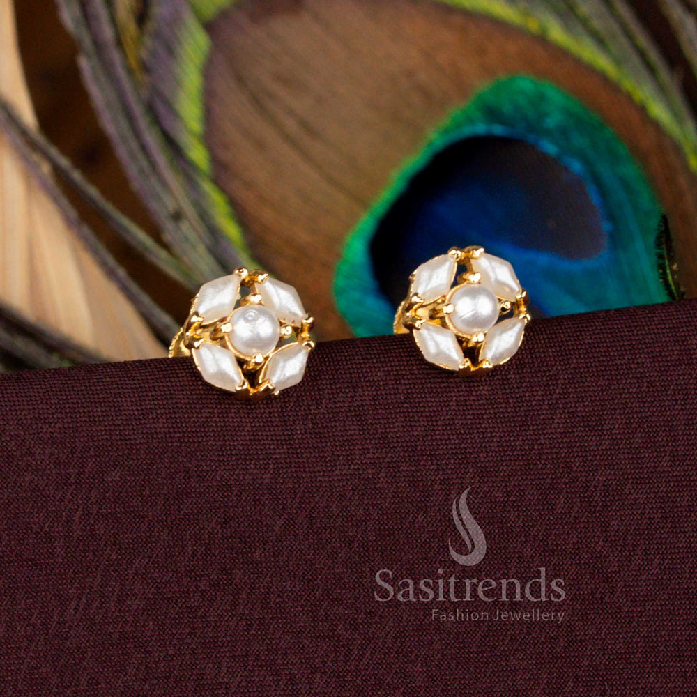 Micro Gold Plated Pearl Hexa Floral Stud Earrings with Screw Back by Sasitrends
