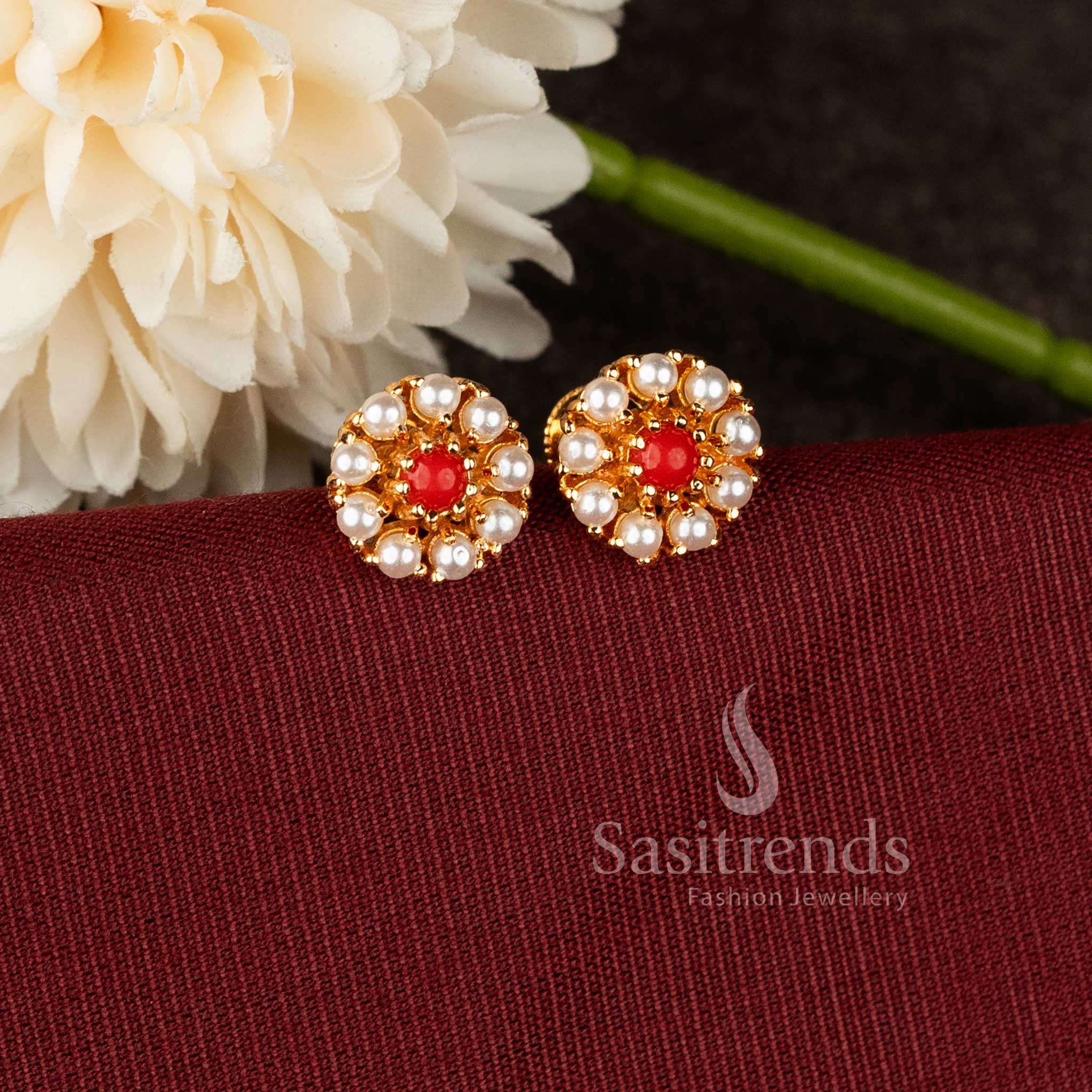 Artisan micro gold plated Pearl pavalam round cluster screw stud earrings designed for chic minimalistic style with soft elegance and subtle daily shine – Sasitrends
