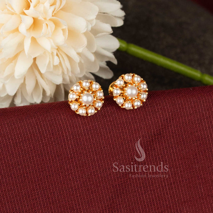 Micro Gold Plated Pearl Round Cluster Stud Earrings with Screw Back by Sasitrends