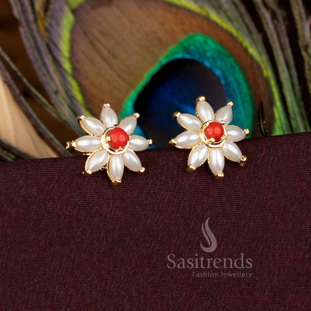 Micro Gold Plated Pearl Pavalam Eight Petal Floral Stud Earrings with Screw Back by Sasitrends