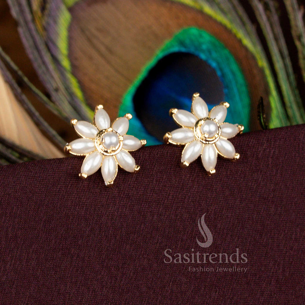Traditional Floral Earrings with Eight Petals, Pearls Stones in Gold Finish