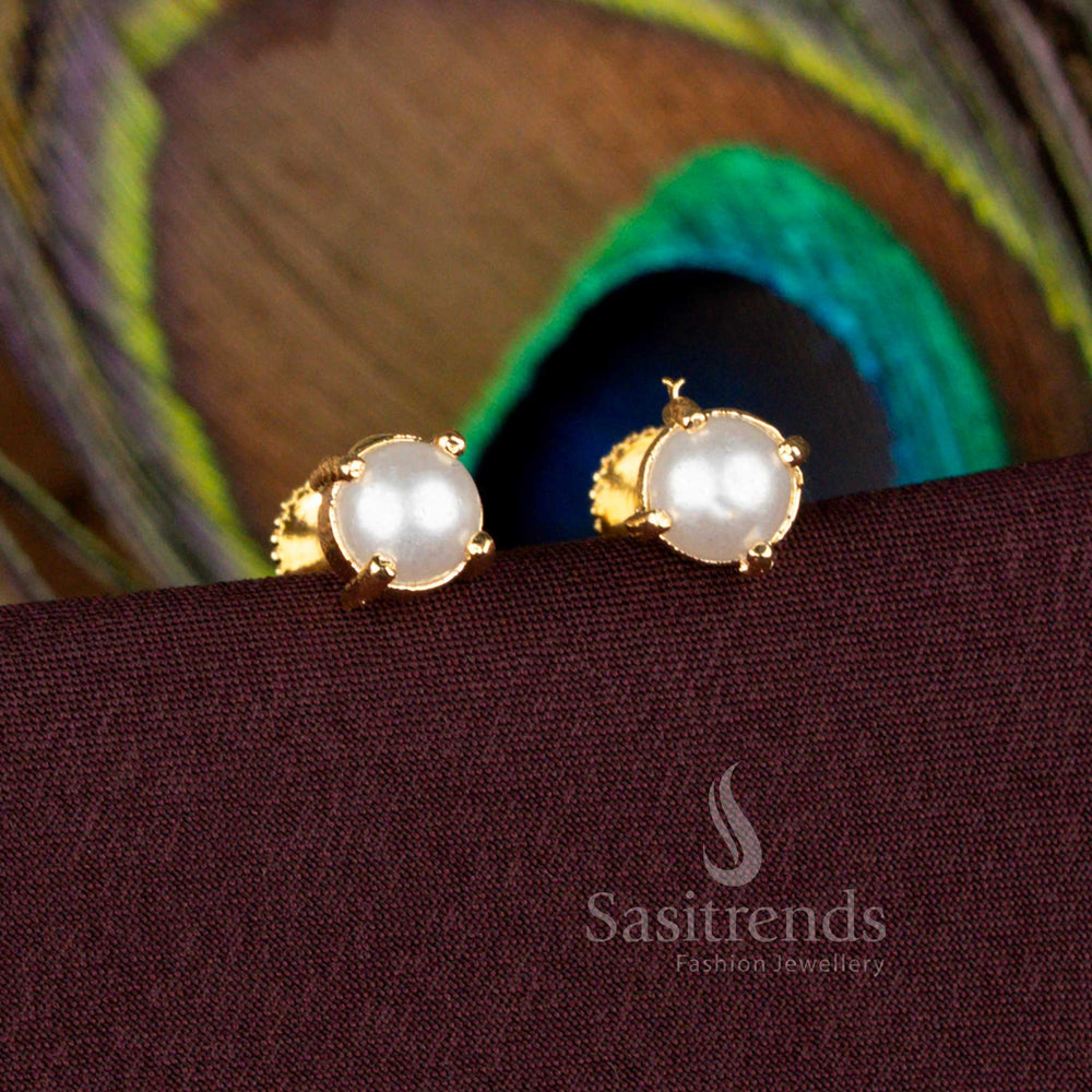 Micro Gold Plated Pearl Classic Stud Earrings with Screw Back by Sasitrends