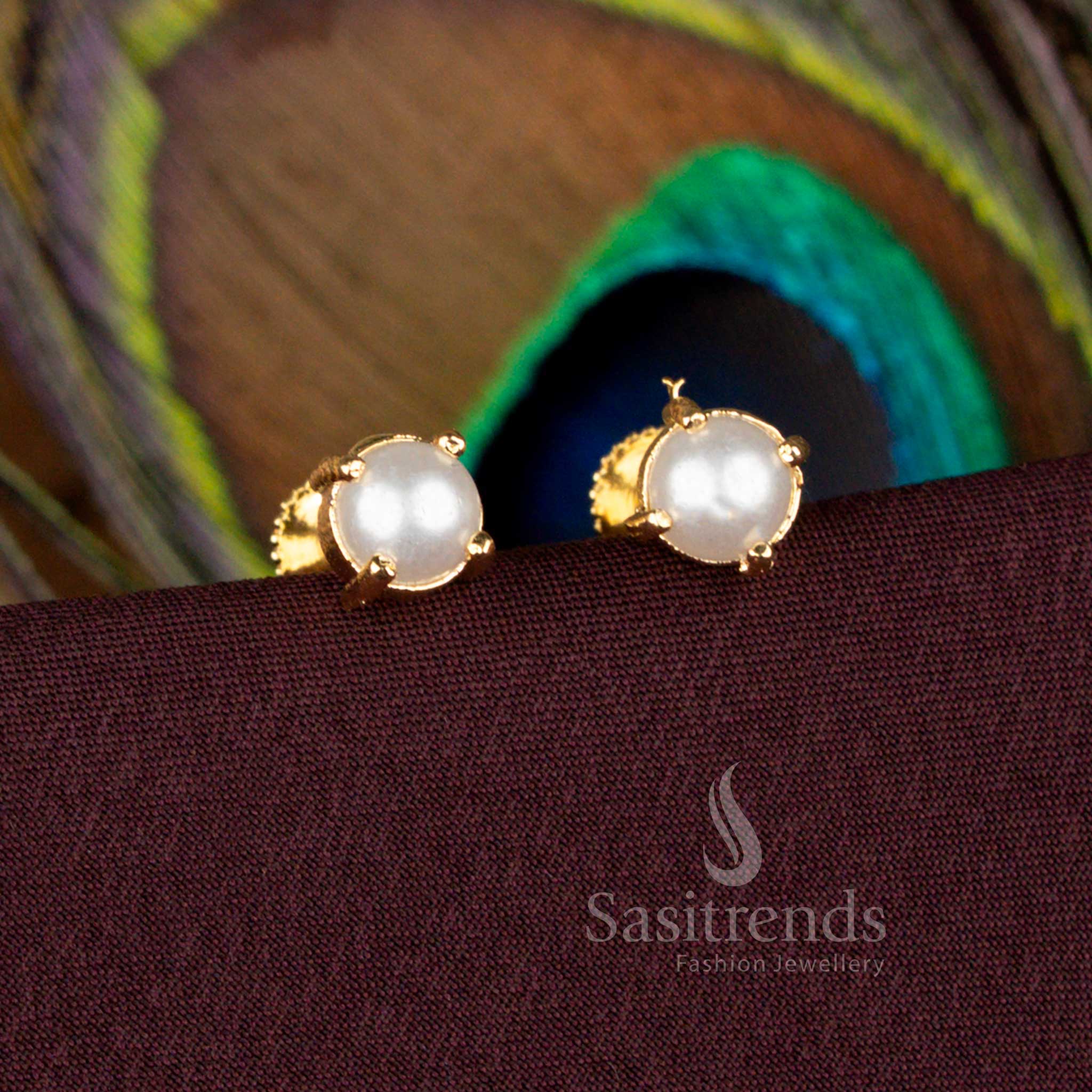Micro Gold Plated Pearl Classic Stud Earrings with Screw Back by Sasitrends