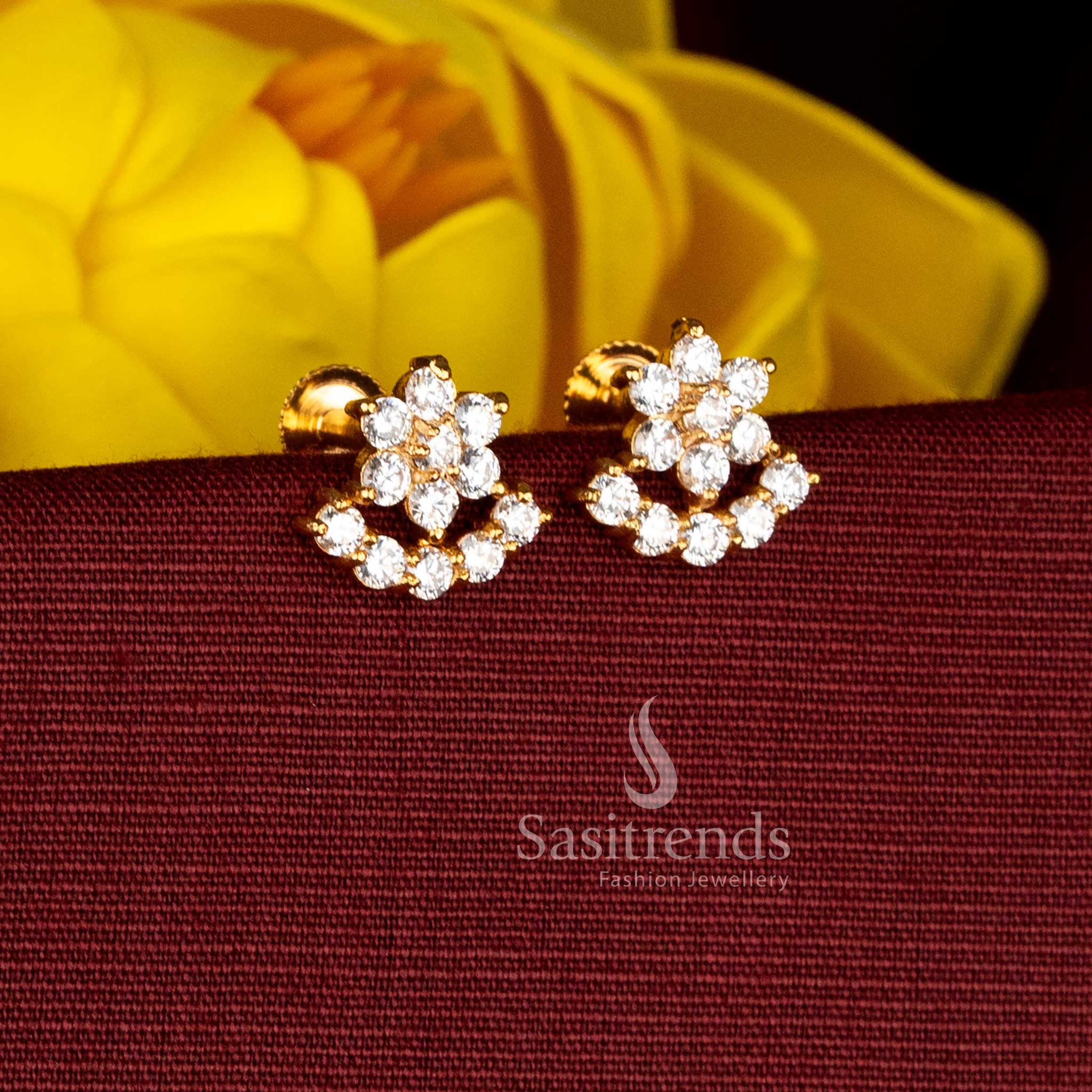 Traditional one gram micro gold plated white AD stone floral motif stud earrings - Sasitrends
