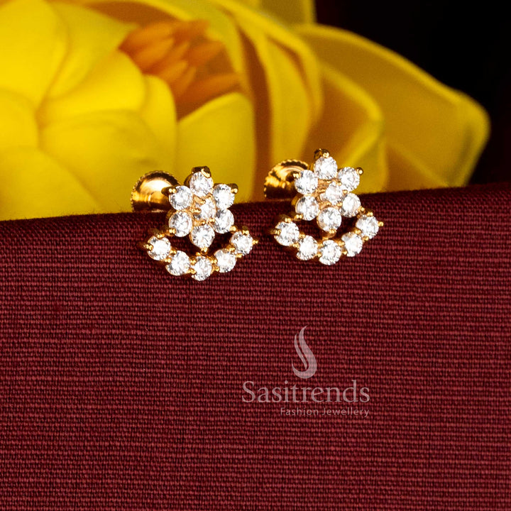 Traditional one gram micro gold plated white AD stone floral motif stud earrings - Sasitrends