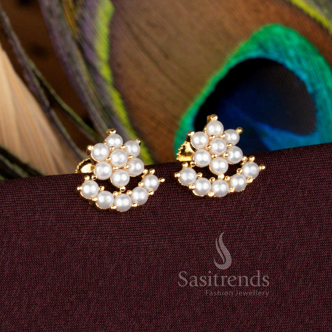 Traditional Floral and Half-Moon Earrings with Pearls Stones in Gold Finish