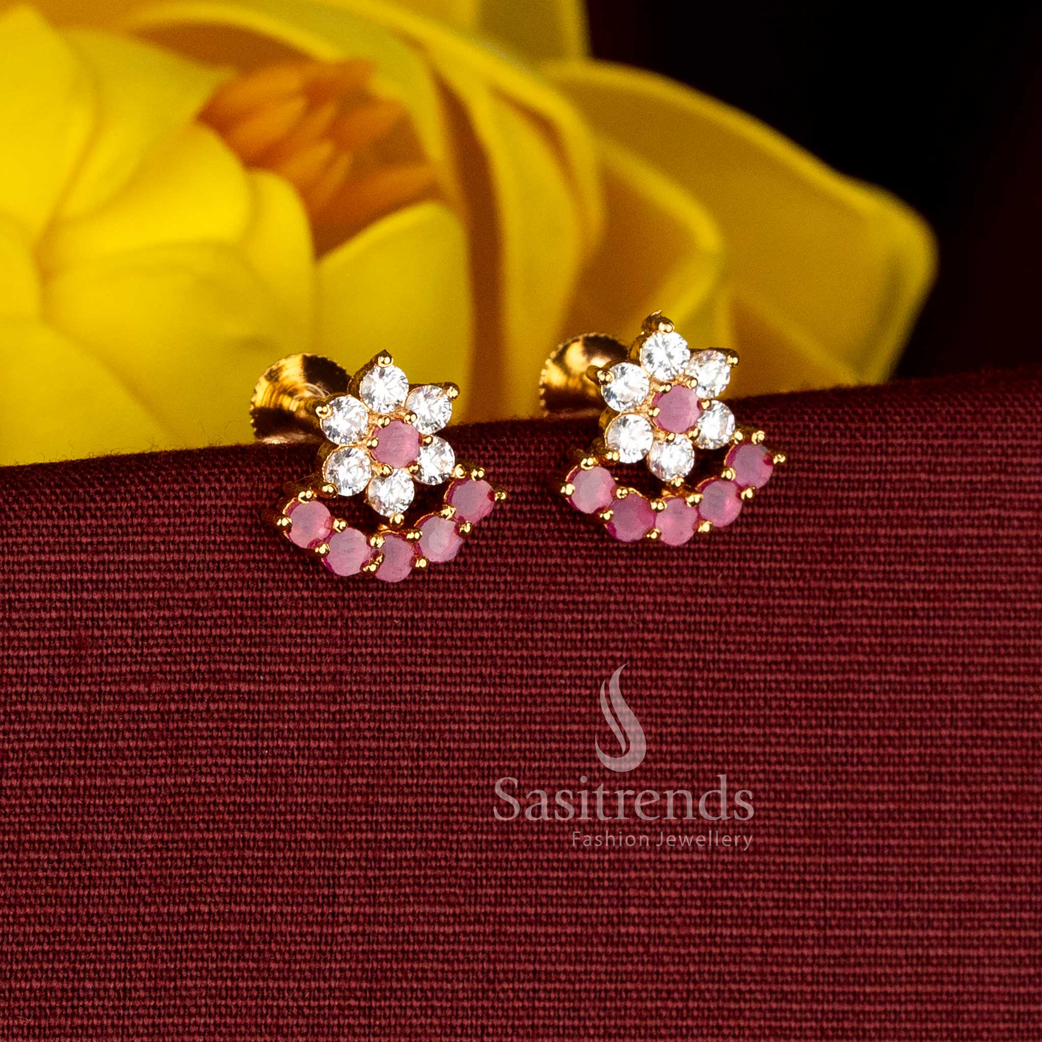 Traditional guaranteed 24K micro gold plated white ruby AD stone floral motif stud earrings - Sasitrends