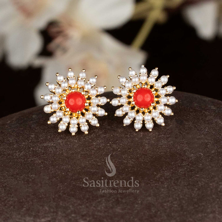 Sasitrends Guaranteed Micro Gold Plated Pearl & Pavalam Floral Structured Stud Earrings