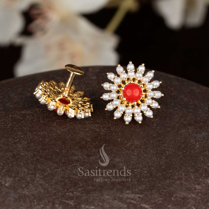 Sasitrends One Gram Micro Gold Plated Pearl & Pavalam Floral Structured Stud Earrings