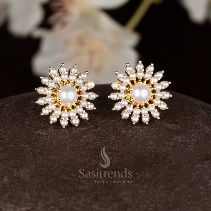 Sasitrends One Gram 24K Micro Gold Plated Pearl Floral Structured Stud Earrings