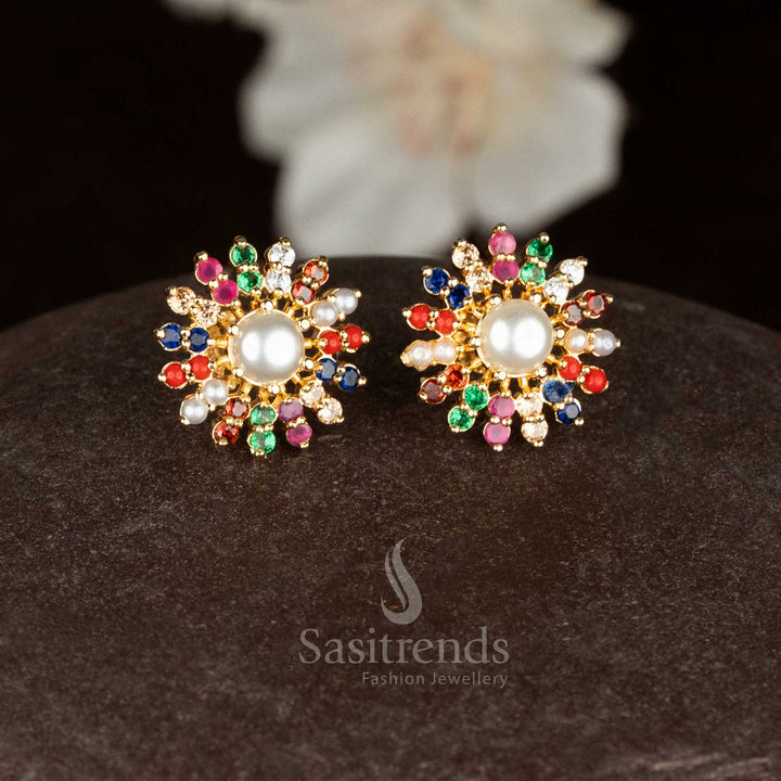 Guaranteed One Gram Micro Gold Plated Pearl & Pavalam Floral Stud Earrings | Look Like Real gold