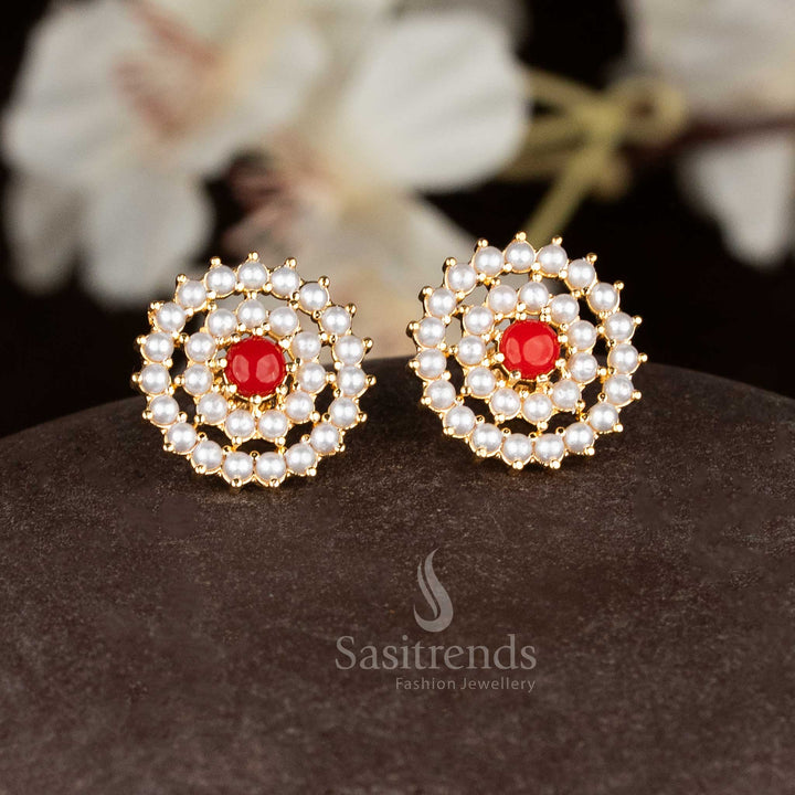 Guaranteed one gram micro gold plated double layer pearl & pavalam stud earrings - Sasitrends