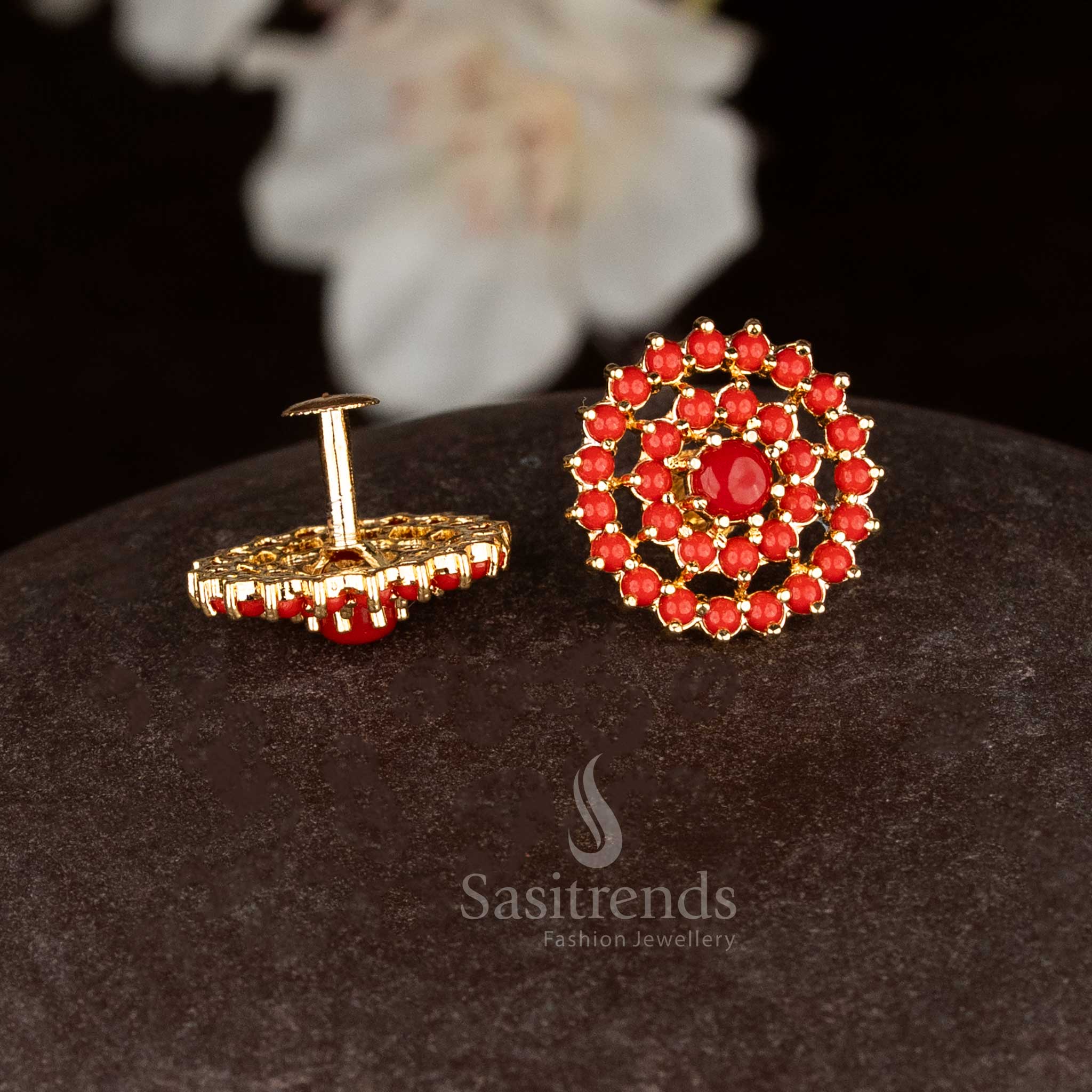 Attractive one gram micro gold plated double layer pavalam stud earrings - Sasitrends