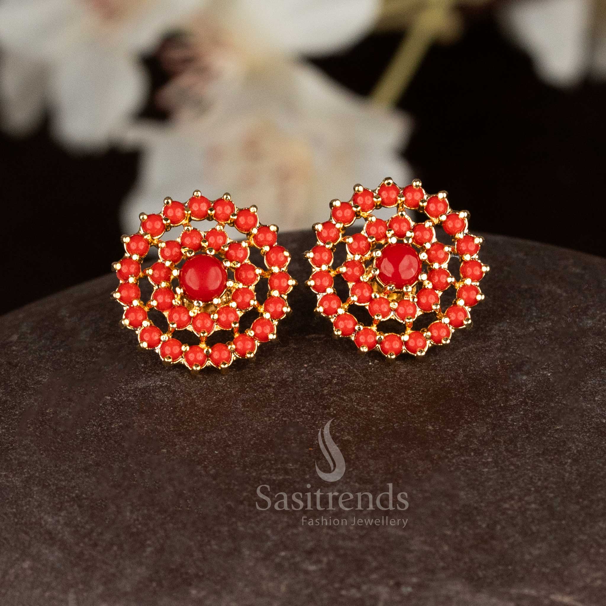 Guaranteed one gram micro gold plated double layer pavalam stud earrings, real gold look alike - Sasitrends