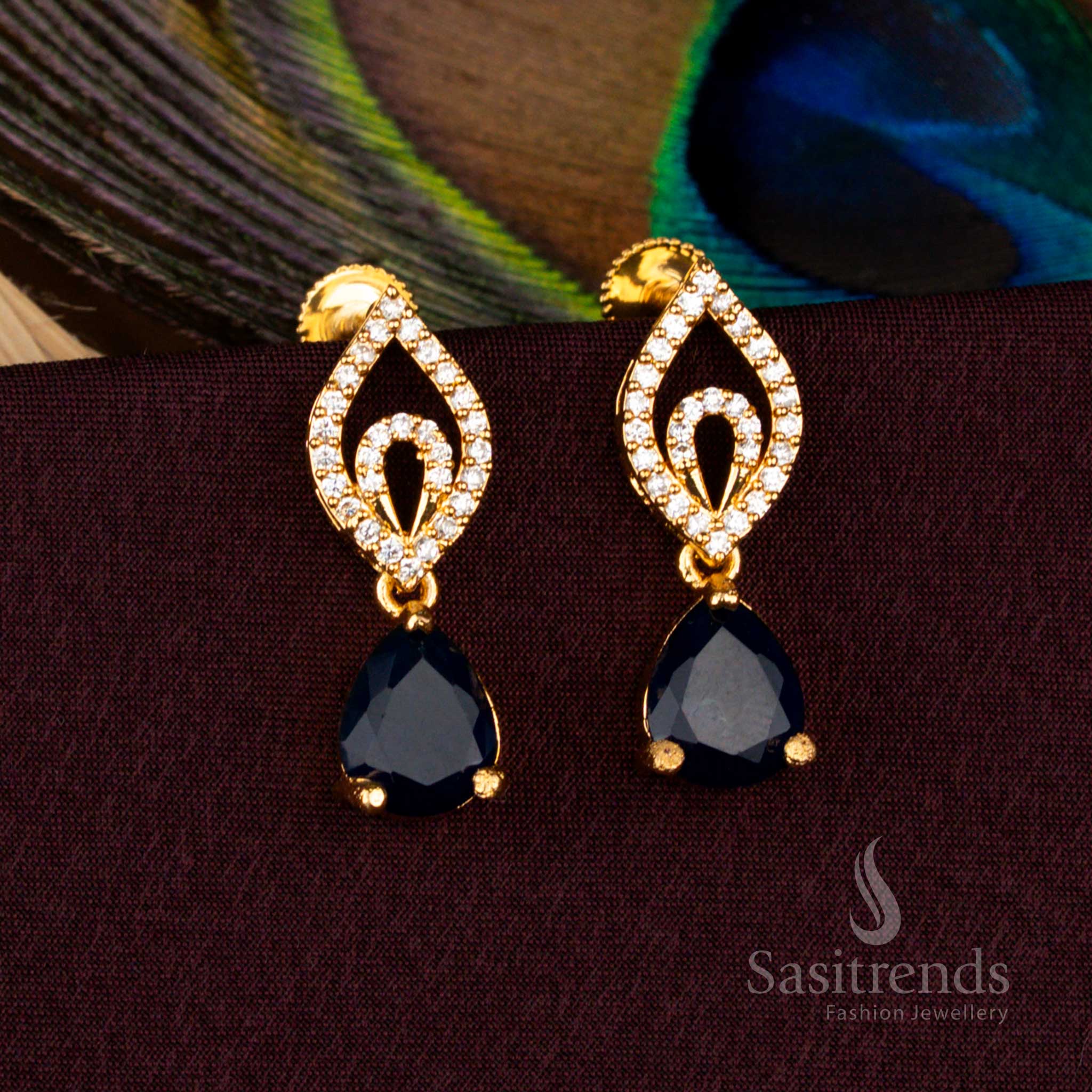 Exquisite micro gold plated screw type teardrop AD stud earrings with 24 carat pure gold shine crafted for wedding and festive wear - Sasitrends