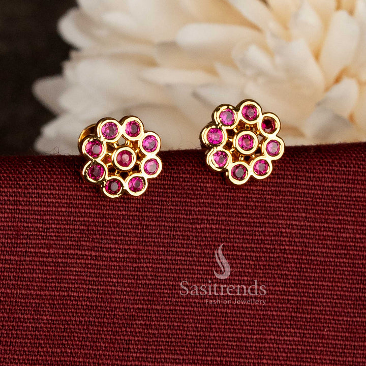 Sasitrends real god look round ruby AD stone flower design stud earrings in micro gold plating