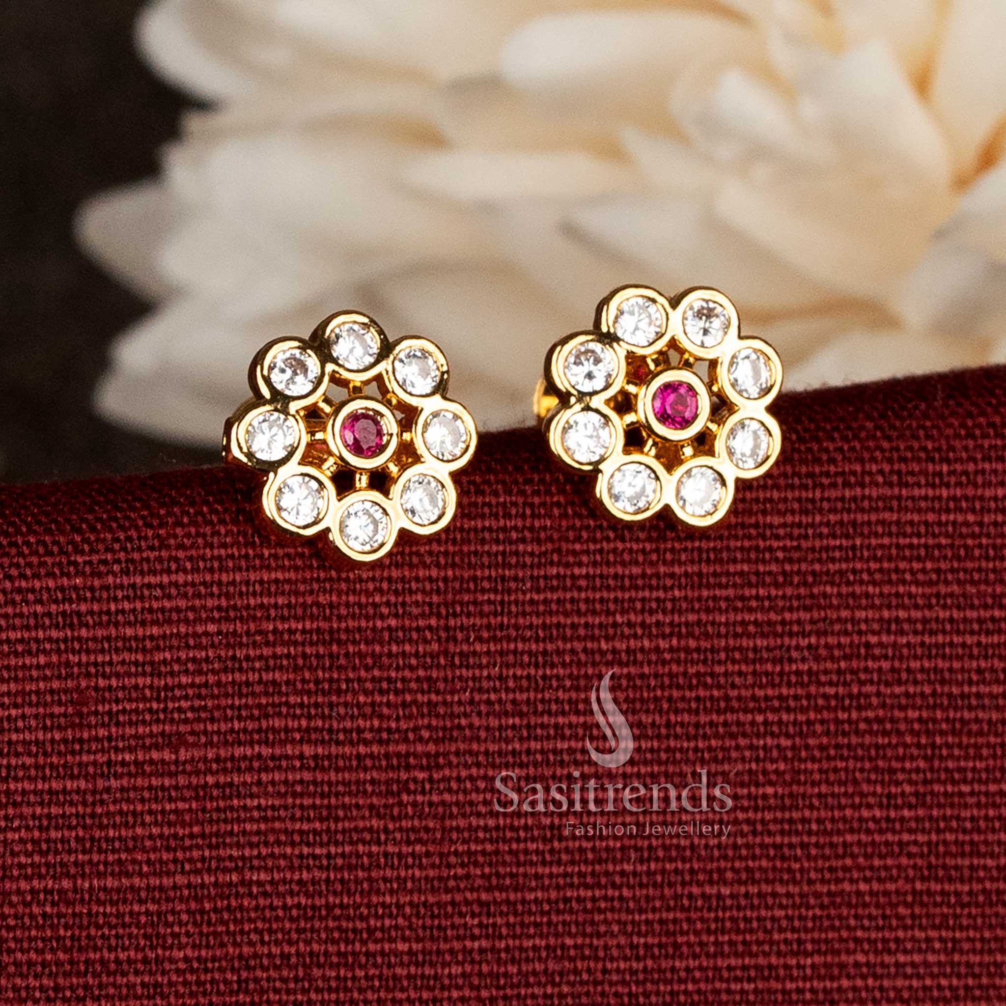 Sasitrends floral motif micro gold plated white ruby AD stone stud earrings with multi-round cluster setting