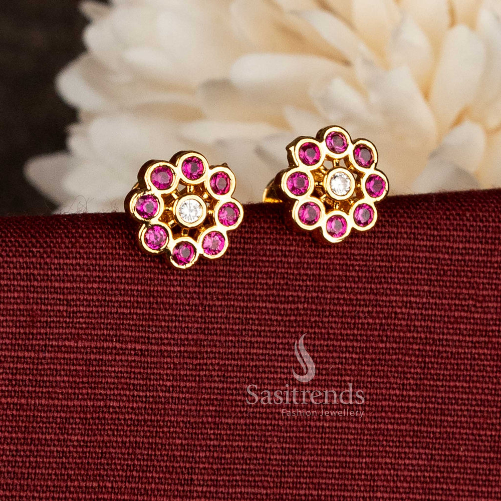 Sasitrends guaranteed 24k micro gold plated floral cluster ruby white AD stone stud earrings with bezel petal design