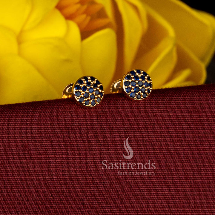 Guaranteed Blue Color Round Floral AD Stone Stud Earrings With Traditional Screw Type Micro Gold Plated 24K Carat Pure Gold Finish – Sasitrends