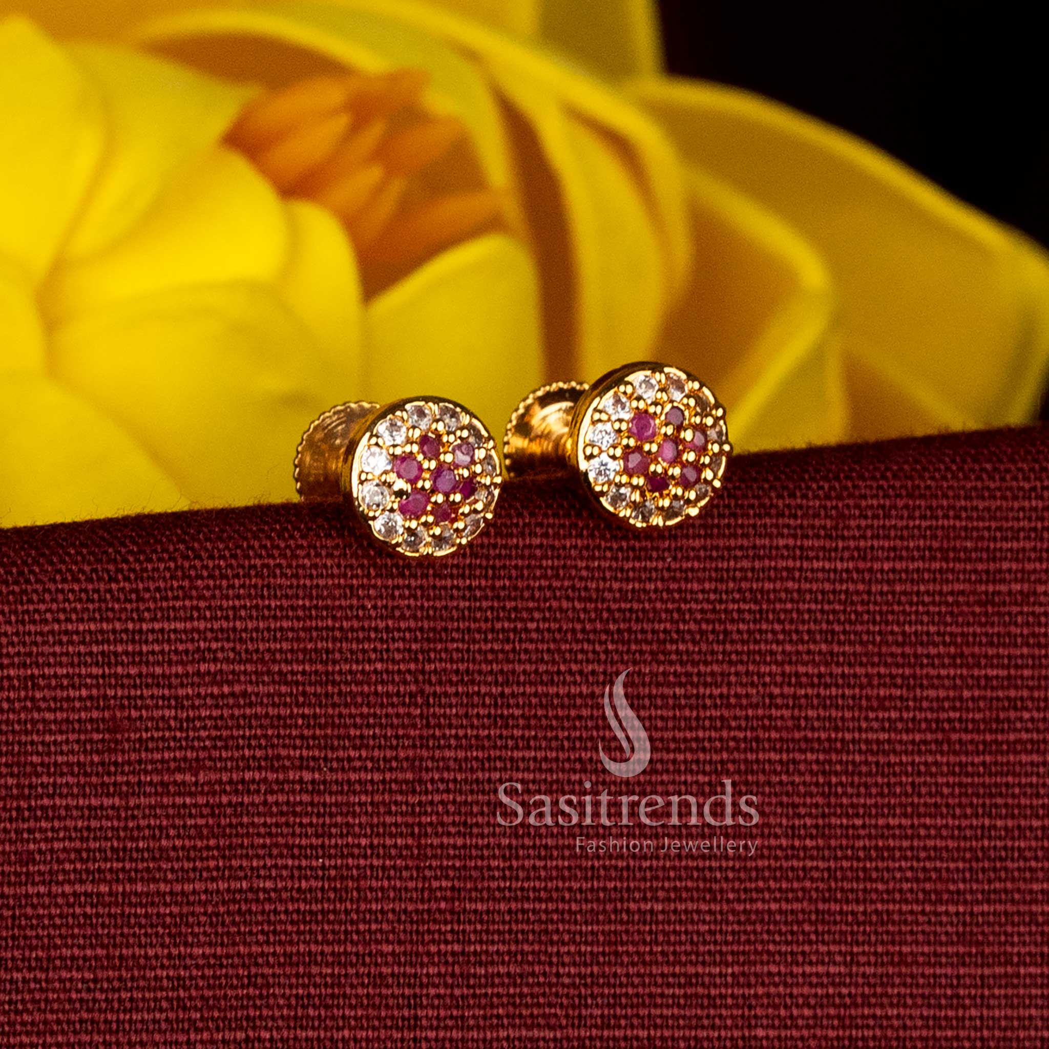 Guaranteed White Ruby Round Floral AD Stone Stud Earrings With Traditional Screw Type Micro Gold Plated 24K Carat Pure Gold Finish – Sasitrends
