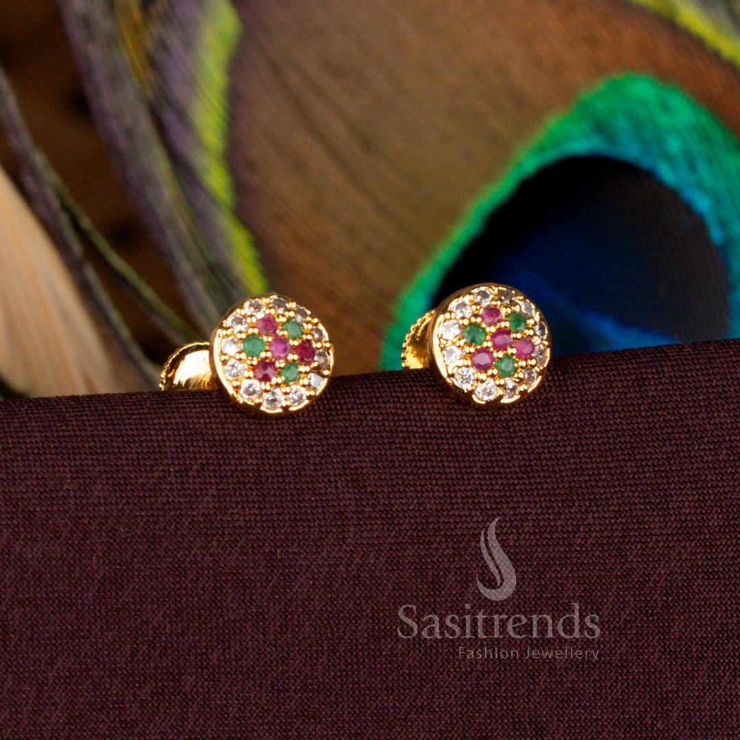 Multi Color Round Floral AD Stone Stud Earrings With Traditional Screw Type Micro Gold Plated 24K Carat Pure Gold Finish – Sasitrends