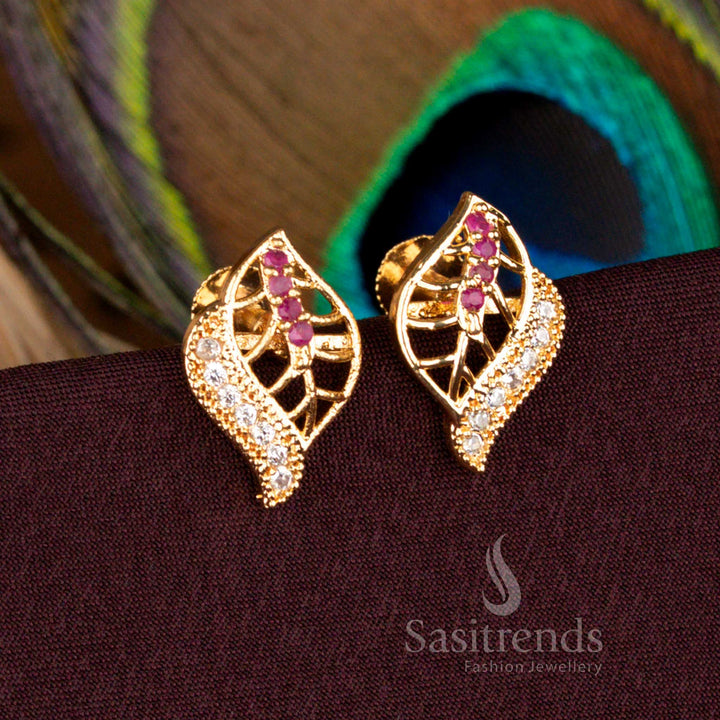 Gorgeous One Gram Micro Gold Plated AD Stone Leaf Designer Screw Type Stud Earrings