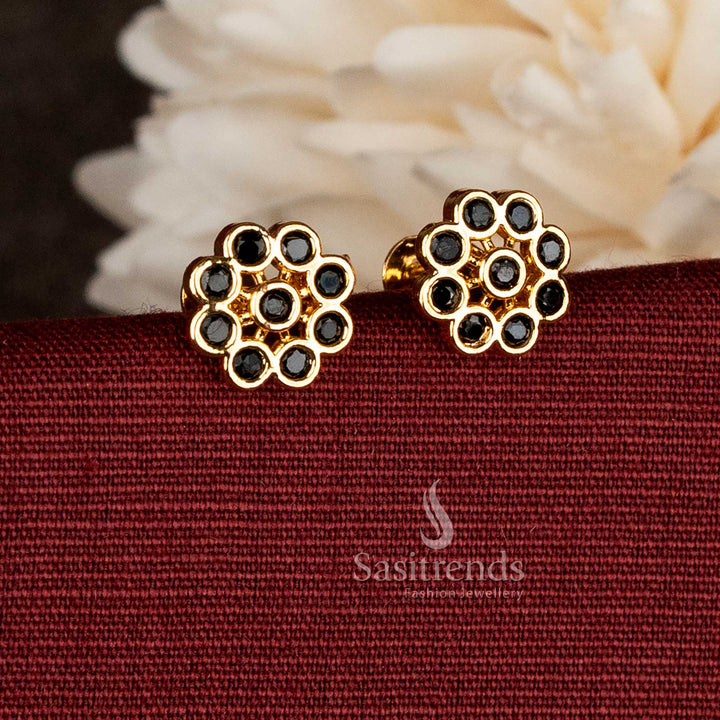Traditional 24K Micro Gold Plated Floral Cluster Black AD Stone Stud Earrings with Multi-Round Bezel Petal Design 