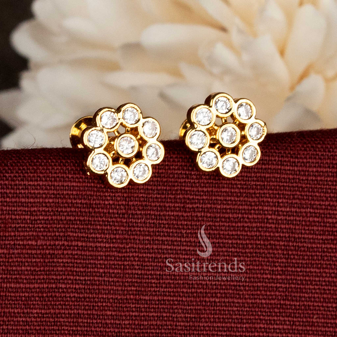 Traditional 24K Micro Gold Plated Floral Cluster white AD Stone Stud Earrings with Multi-Round Bezel Petal Design 