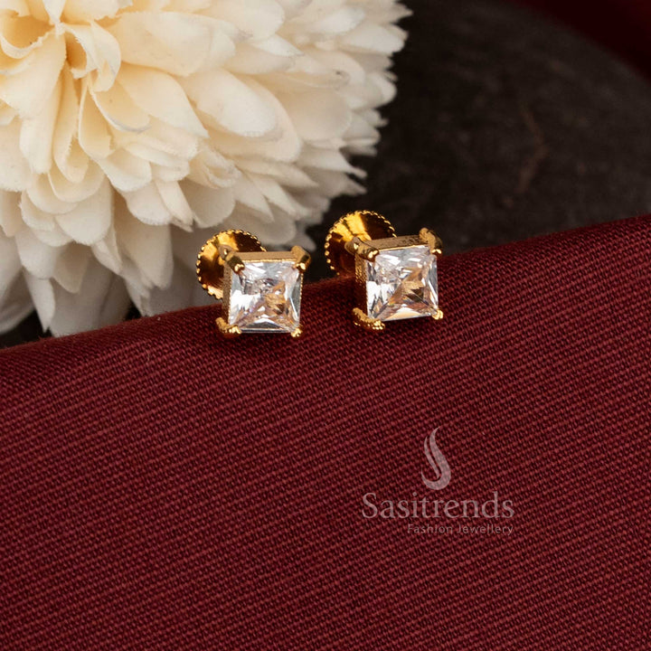 Square Designer white Stone Stud Earrings Micro Gold Plated Screw Type Setting With 24K Carat Pure Gold Finish – Sasitrends   