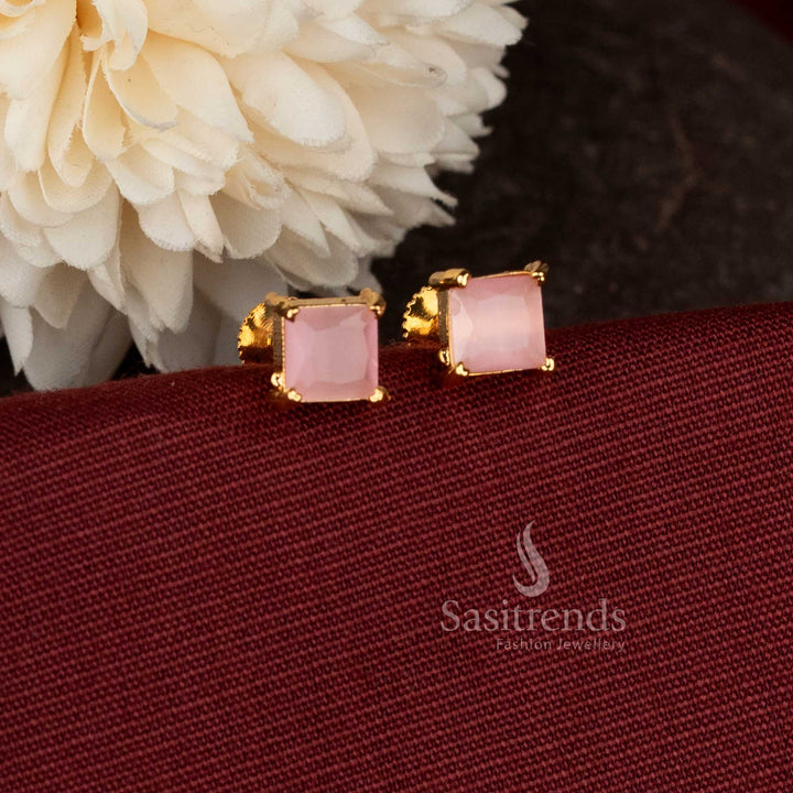 Square Designer Pink Stone Stud Earrings Micro Gold Plated Screw Type Setting With 24K Carat Pure Gold Finish – Sasitrends   