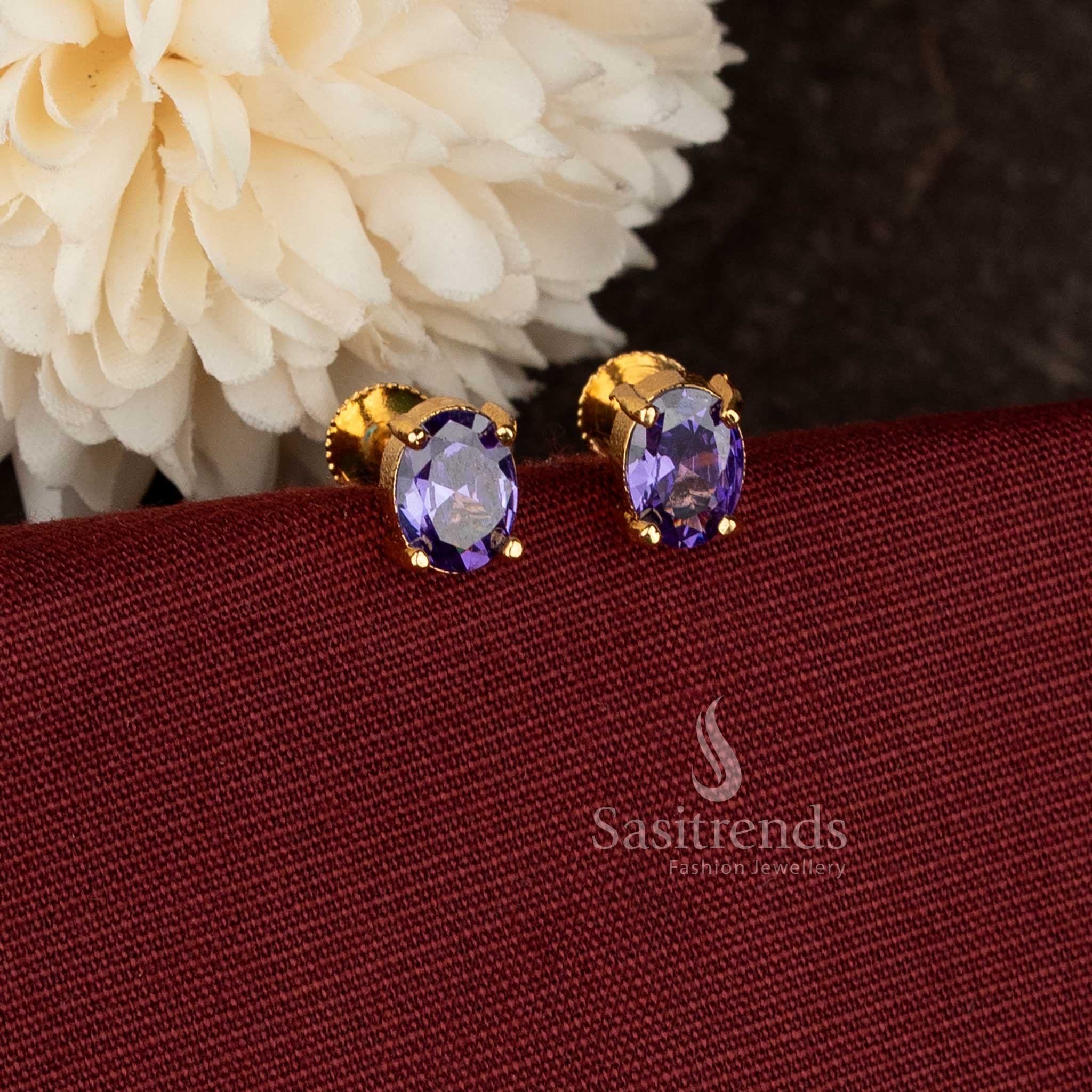 Oval Designer Purple Stone Stud Earrings Micro Gold Plated Screw Type Setting With 24K Carat Pure Gold Finish – Sasitrends  
