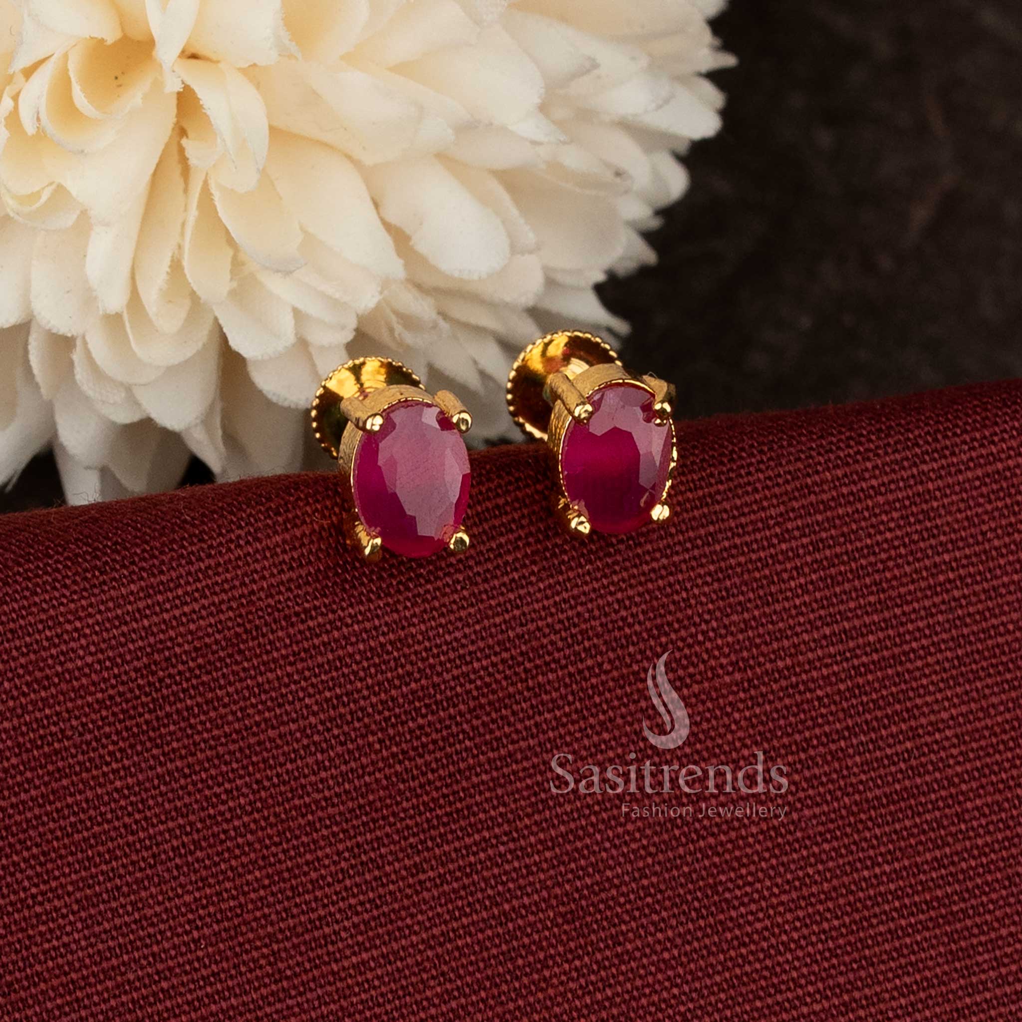 Oval Designer Ruby Stone Stud Earrings Micro Gold Plated Screw Type Setting With 24K Carat Pure Gold Finish – Sasitrends  