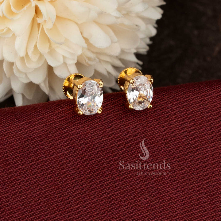  Oval Designer White Stone Stud Earrings Micro Gold Plated Screw Type Setting With 24K Carat Pure Gold Finish – Sasitrends 