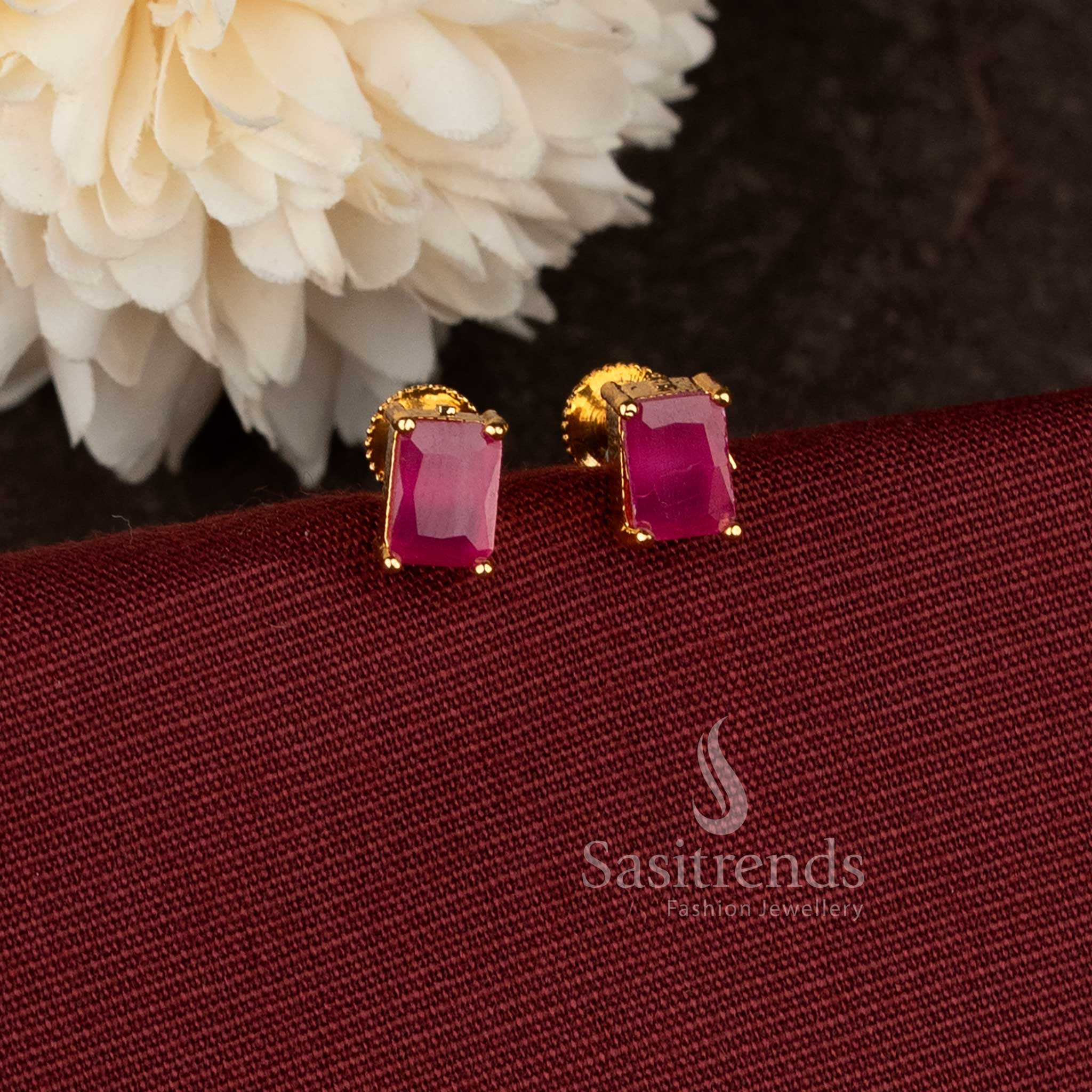  Rectangular Designer Ruby Stone Stud Earrings Micro Gold Plated Screw Type Setting With 24K Carat Pure Gold Finish – Sasitrends 