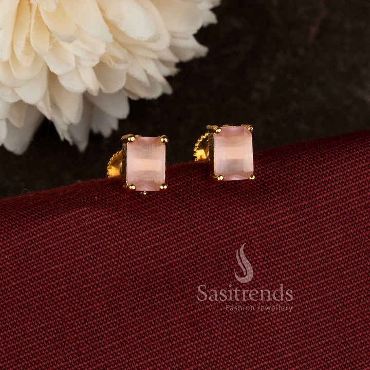  Rectangular Designer Pink Stone Stud Earrings Micro Gold Plated Screw Type Setting With 24K Carat Pure Gold Finish – Sasitrends 