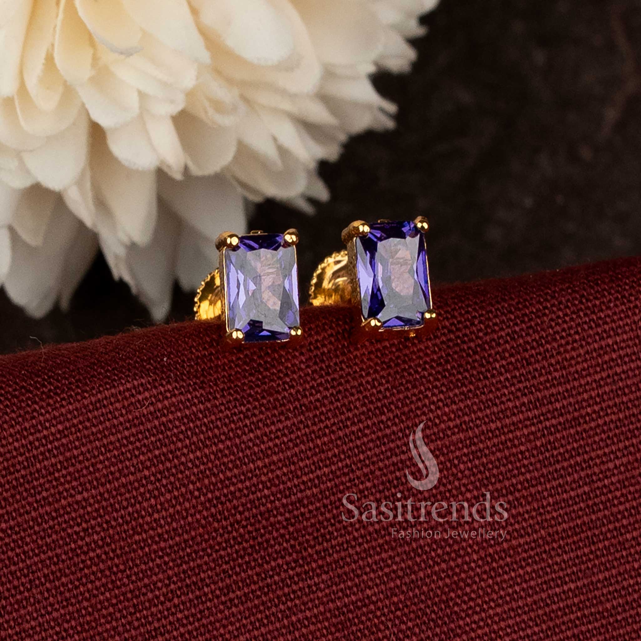  Rectangular Designer Purple Stone Stud Earrings Micro Gold Plated Screw Type Setting With 24K Carat Pure Gold Finish – Sasitrends 