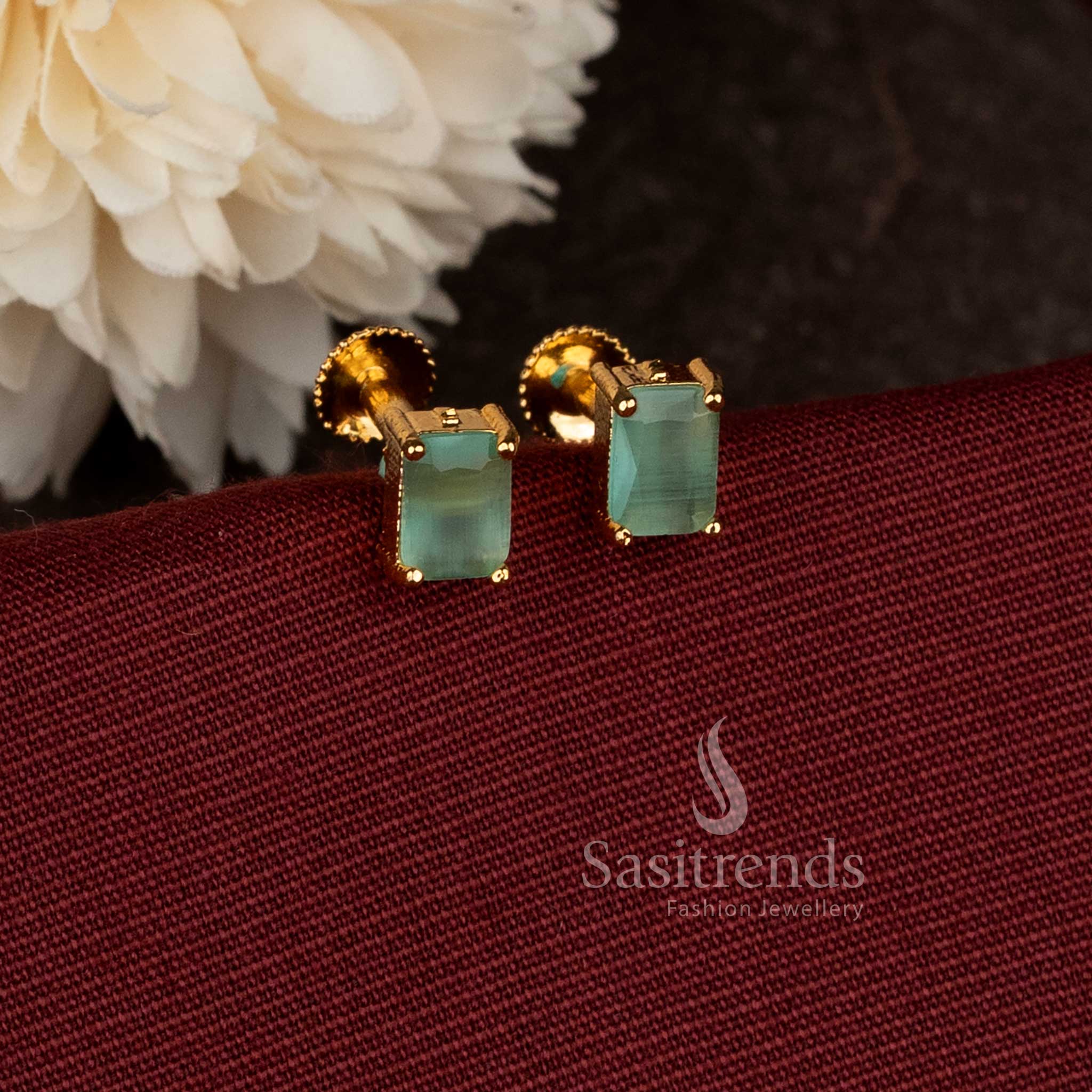  Rectangular Designer Mint Stone Stud Earrings Micro Gold Plated Screw Type Setting With 24K Carat Pure Gold Finish – Sasitrends 