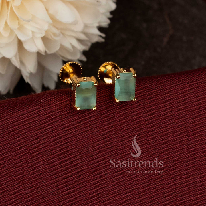  Rectangular Designer Mint Stone Stud Earrings Micro Gold Plated Screw Type Setting With 24K Carat Pure Gold Finish – Sasitrends 