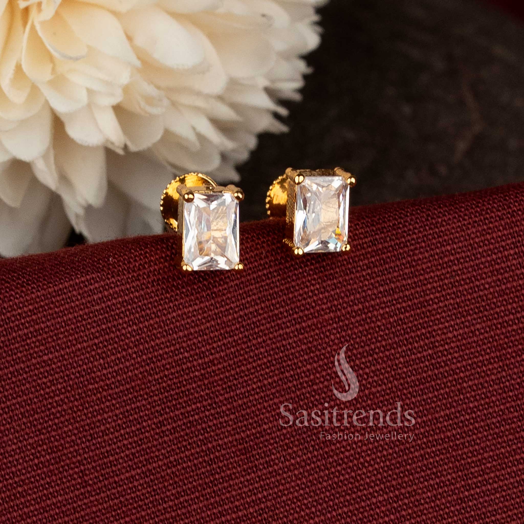  Rectangular Designer White Stone Stud Earrings Micro Gold Plated Screw Type Setting With 24K Carat Pure Gold Finish – Sasitrends 