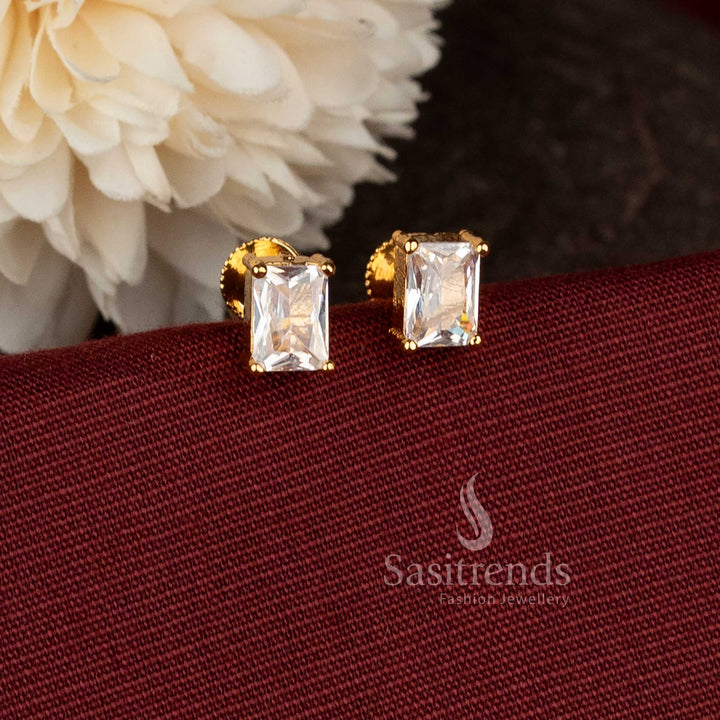  Rectangular Designer White Stone Stud Earrings Micro Gold Plated Screw Type Setting With 24K Carat Pure Gold Finish – Sasitrends 