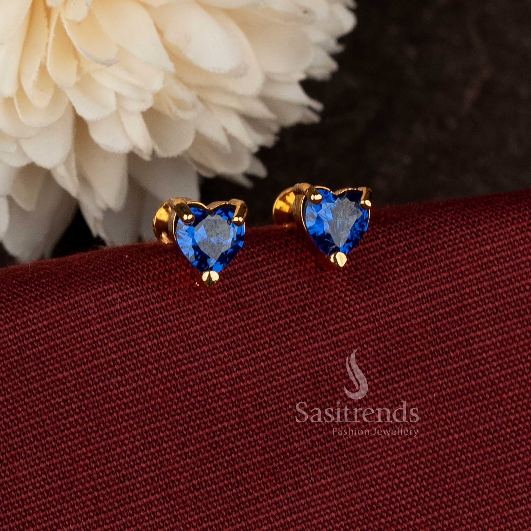 Designer Heart Blue Stone Stud Earrings In Micro Gold Plated Screw Type Style With 24K Carat Pure Gold Finish – Sasitrends