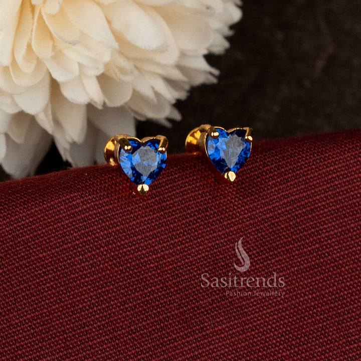 Designer Heart Blue Stone Stud Earrings In Micro Gold Plated Screw Type Style With 24K Carat Pure Gold Finish – Sasitrends