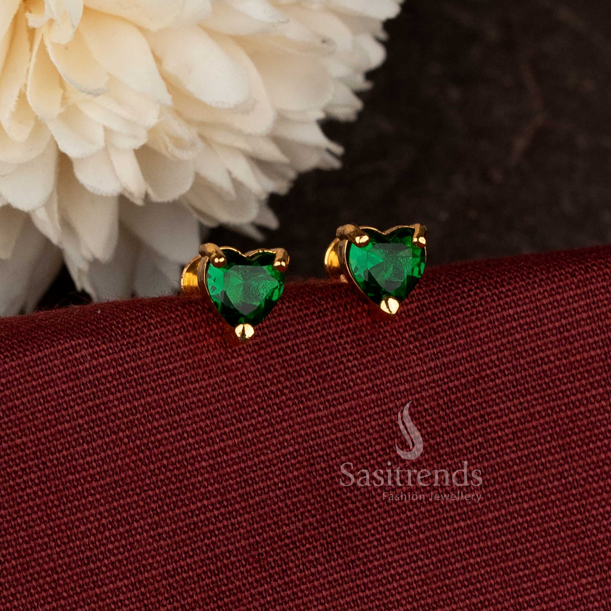 Designer Heart Green Stone Stud Earrings In Micro Gold Plated Screw Type Style With 24K Carat Pure Gold Finish – Sasitrends