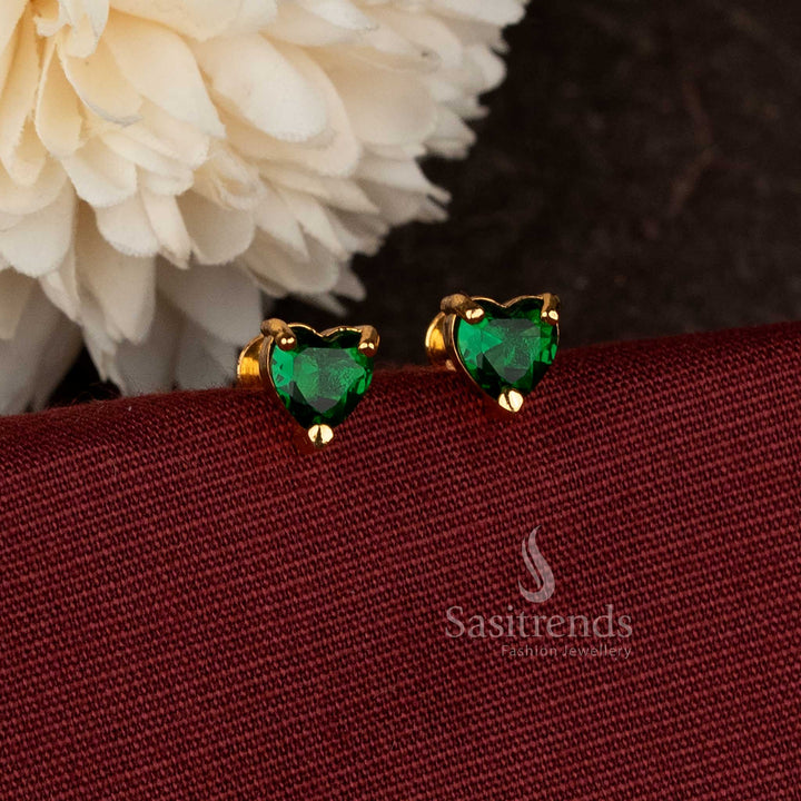 Designer Heart Green Stone Stud Earrings In Micro Gold Plated Screw Type Style With 24K Carat Pure Gold Finish – Sasitrends