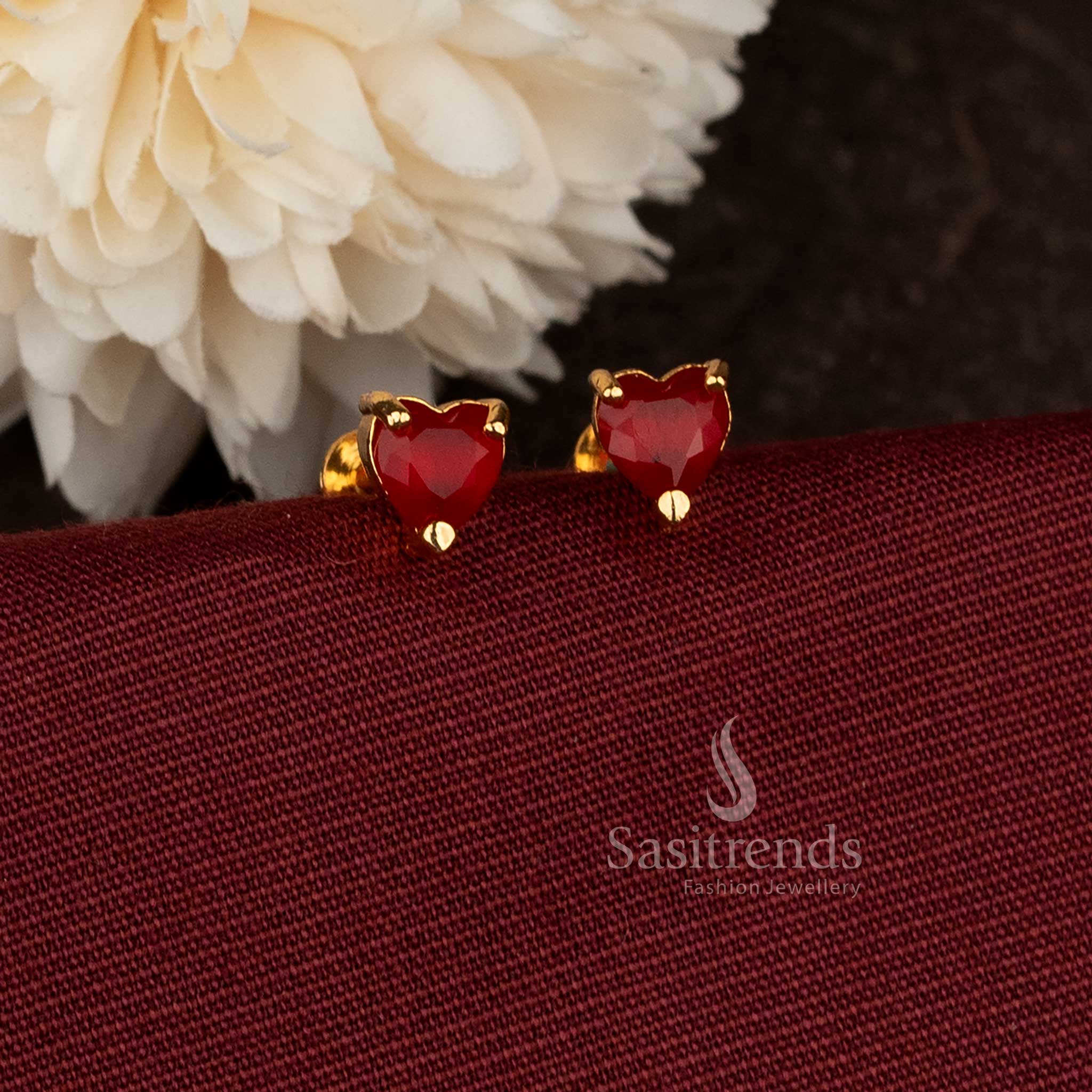 Designer Heart Red Stone Stud Earrings In Micro Gold Plated Screw Type Style With 24K Carat Pure Gold Finish – Sasitrends